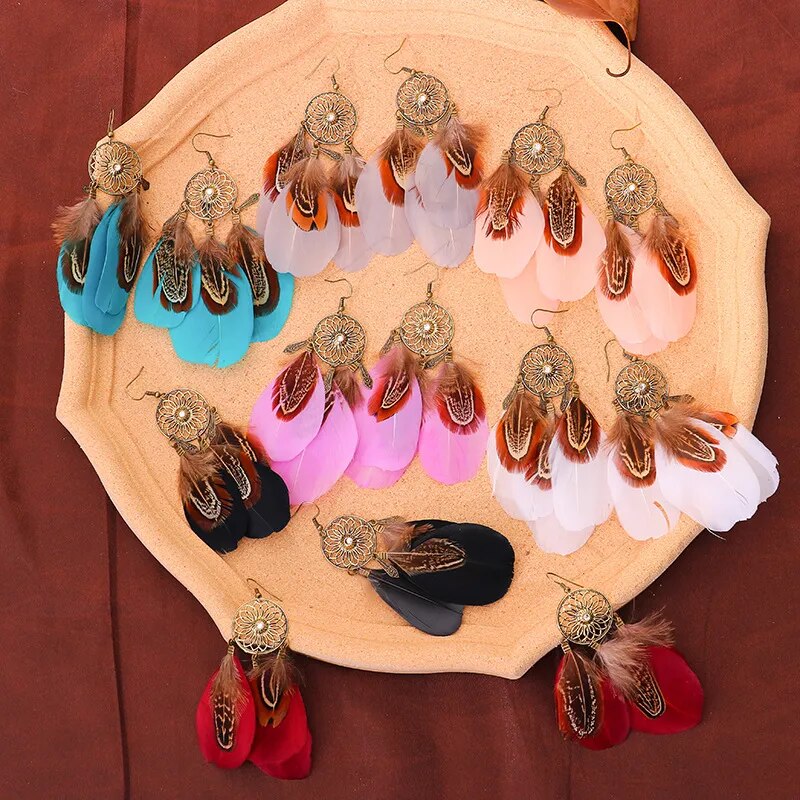 Dream Catcher Boho Feather Earrings